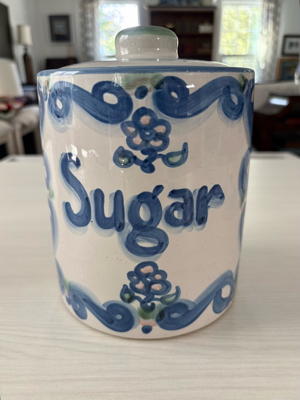 M.A. Hadley Hand-Painted Blue Floral Sugar Canister with lid